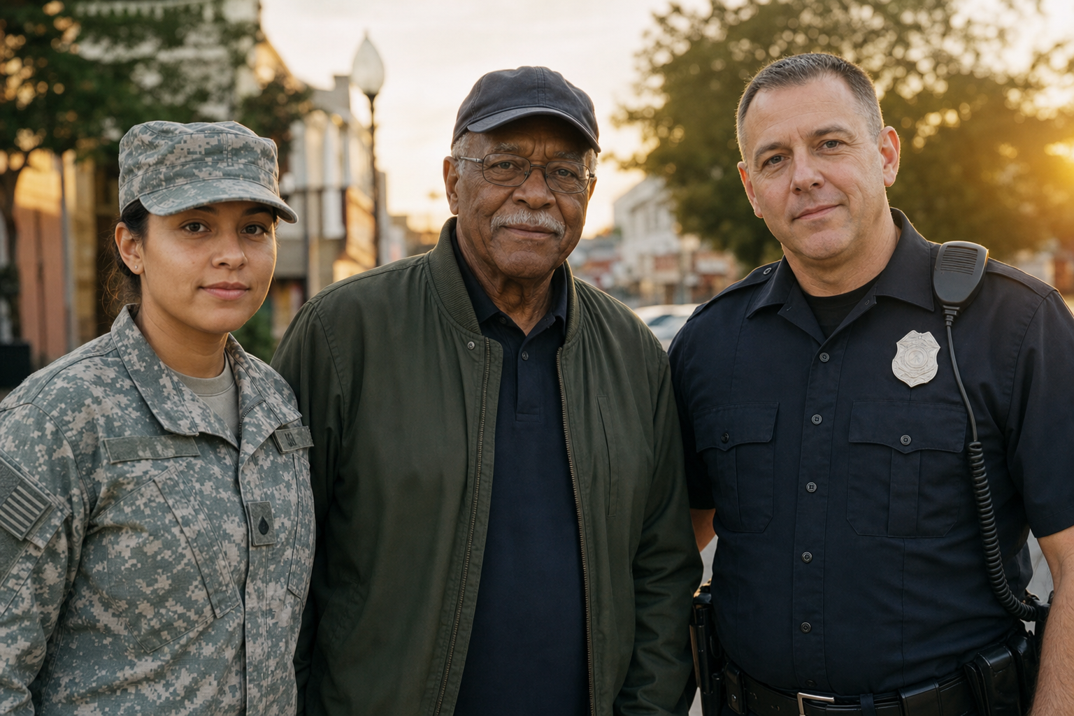 An active-duty service member, veteran, and police officer standing together